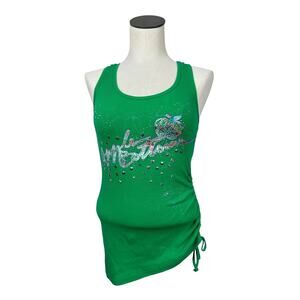 Y2K Apple Bottoms Green Ribbed Logo Embellished Racer Back Ruched Tank Top M